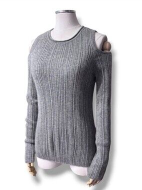 INCASHMERE Heather Grey Ribbed Knit Cold Shoulder Sweater Size Small